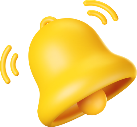 3D Notification Bell Icon. 3D Render Yellow Ringing Bell with New Notification for Social Media Reminder.