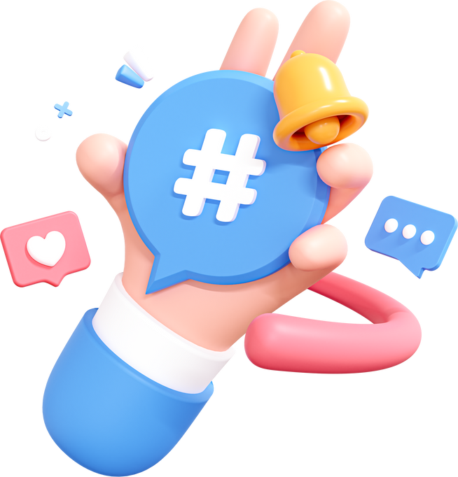 3D Hand holding Hashtag on speech bubble